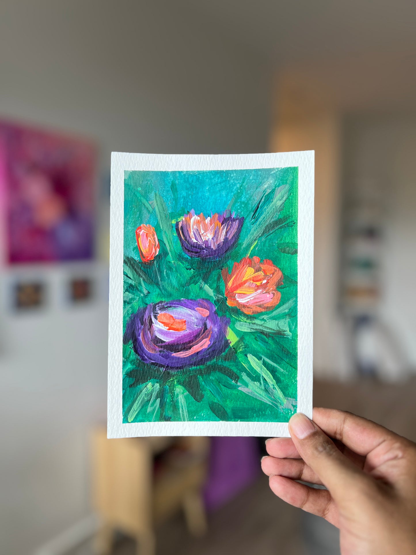 "Purple Blooms" 4/4 Original Acrylic Painting Study Paper (5" × 7") | Art by Snay