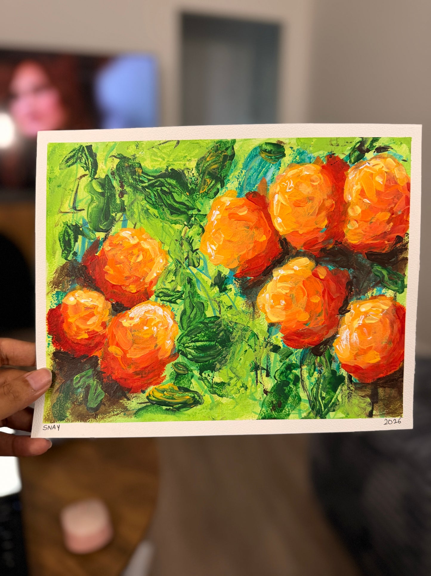 "Orange Florals" Original Acrylic Painting Study on Paper (8" × 10") | Art by Snay