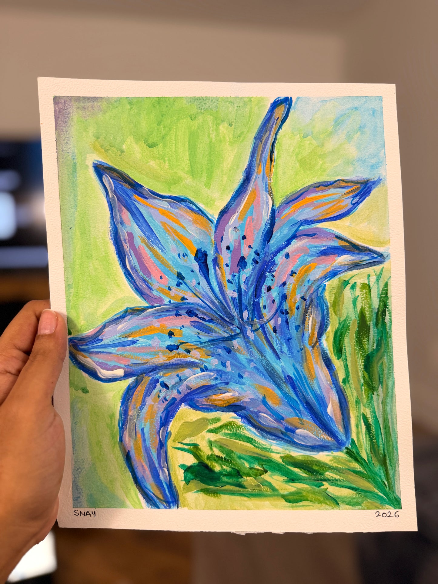 "Blue Lily" Original Acrylic Painting Study on Paper (8" × 10") | Art by Snay