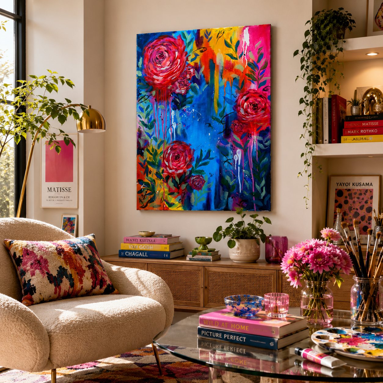 Living room with a colorful floral painting on the wall, books, and decorative items.