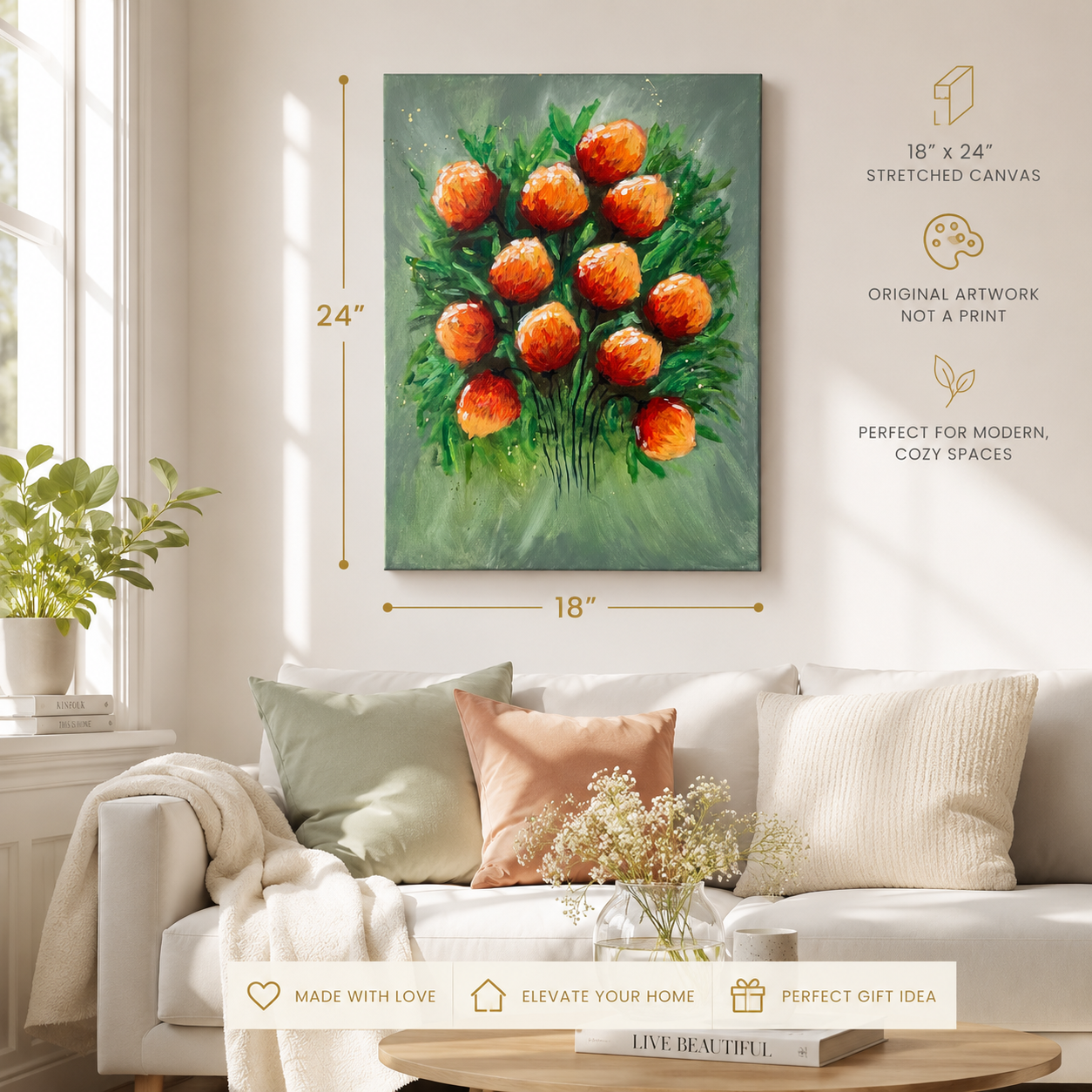 "The Orange Bouquet" - Original Abstract Acrylic Floral Painting – 18x24 | Art By Snay