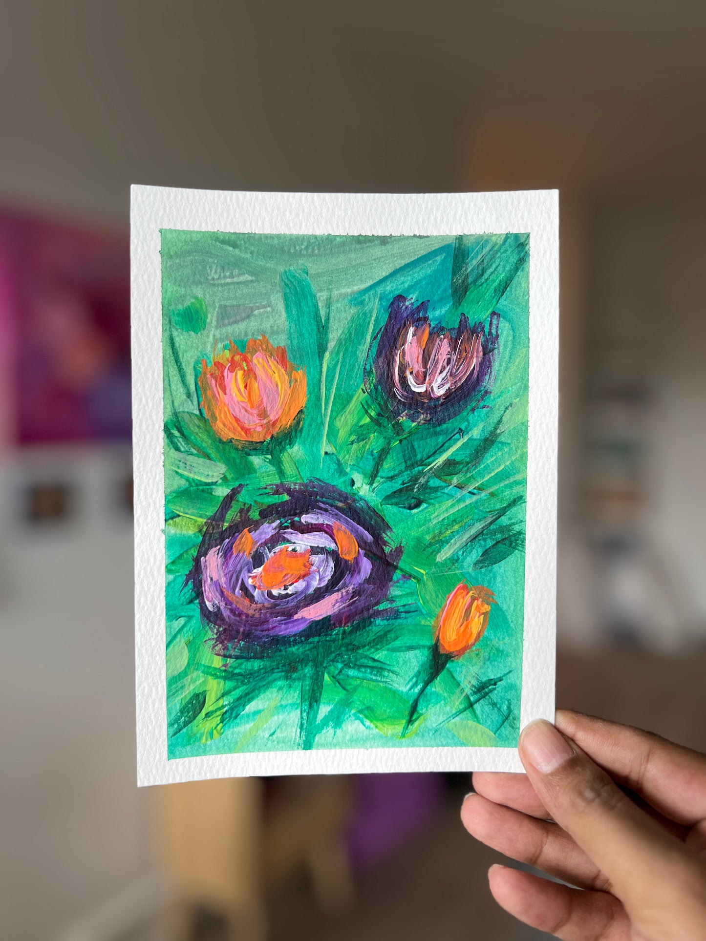 "Purple Blooms" 1/4 Original Acrylic Painting Study on Paper (5" × 7") | Art by Snay