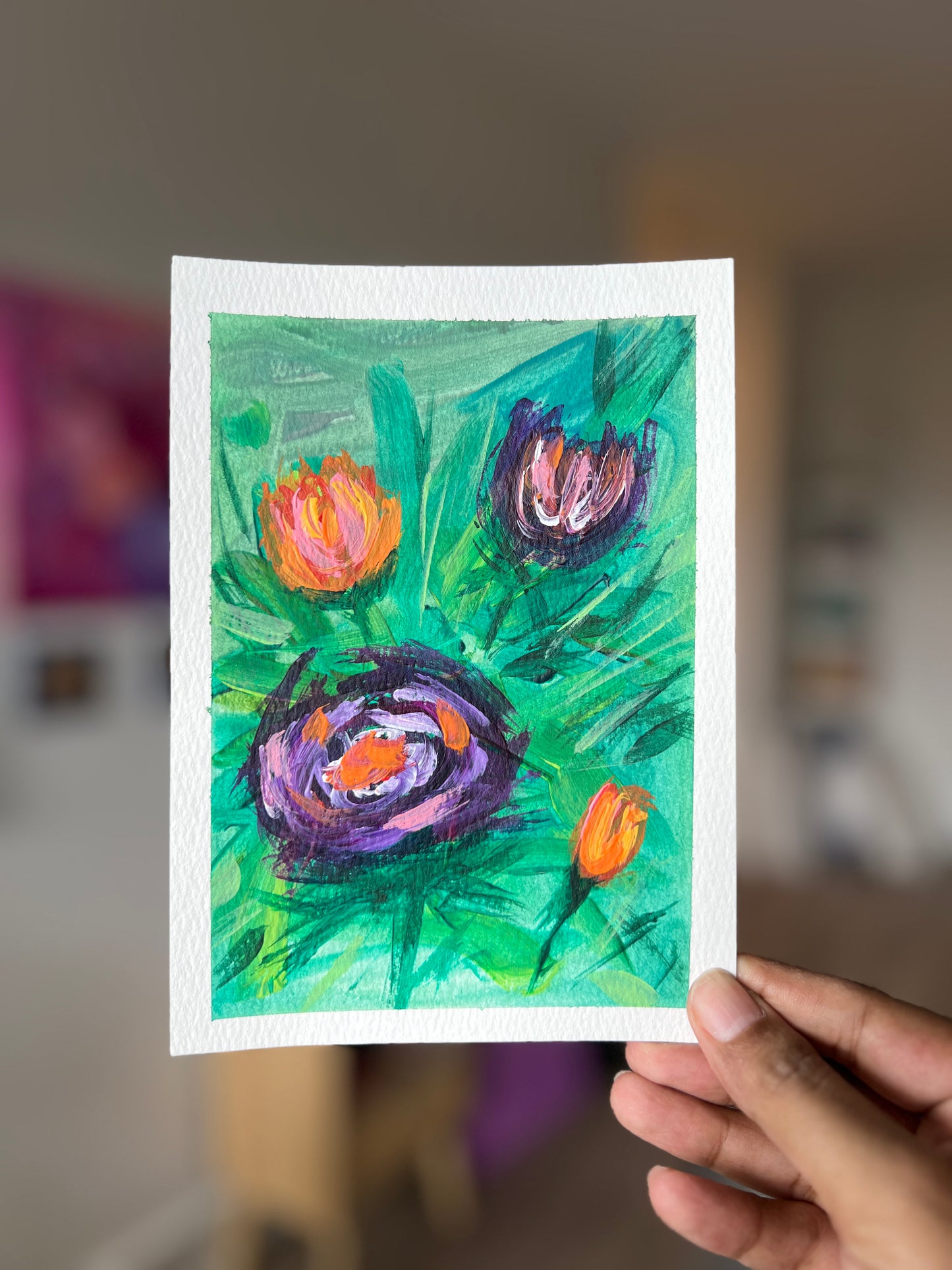 "Purple Blooms" 1/4 Original Acrylic Painting Study on Paper (5" × 7") | Art by Snay