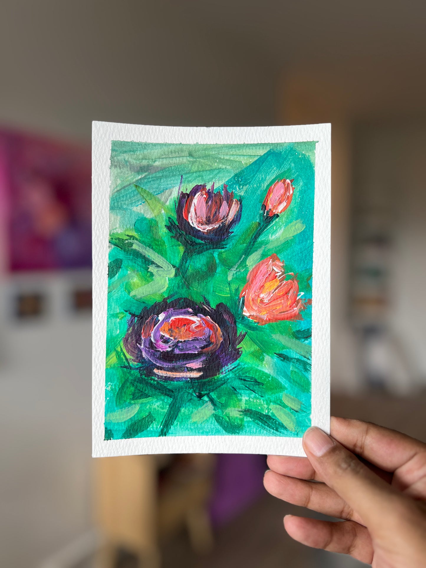 "Purple Blooms" 2/4 Original Acrylic Painting Study on Paper (5" × 7") | Art by Snay