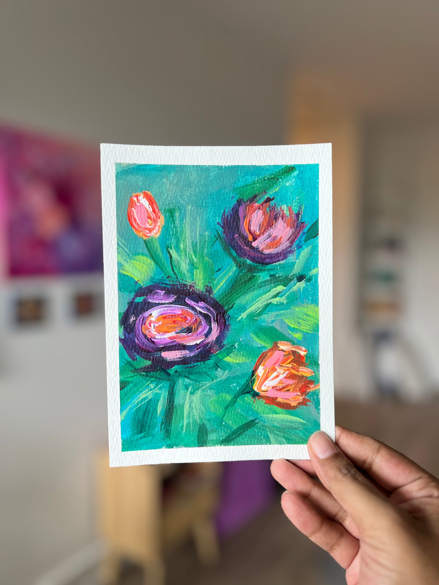 "Purple Blooms" 3/4 Original Acrylic Painting Study Paper (5" × 7") | Art by Snay