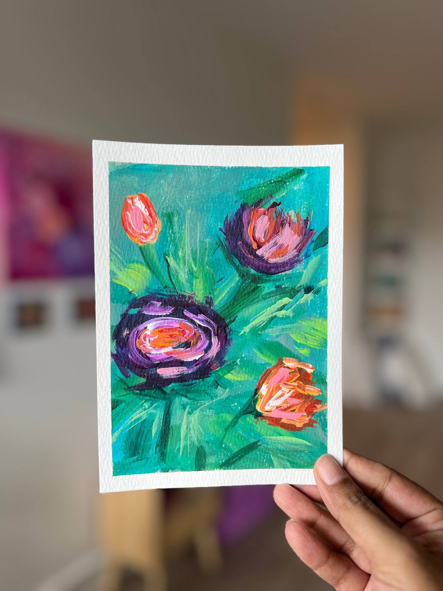 "Purple Blooms" 3/4 Original Acrylic Painting Study Paper (5" × 7") | Art by Snay