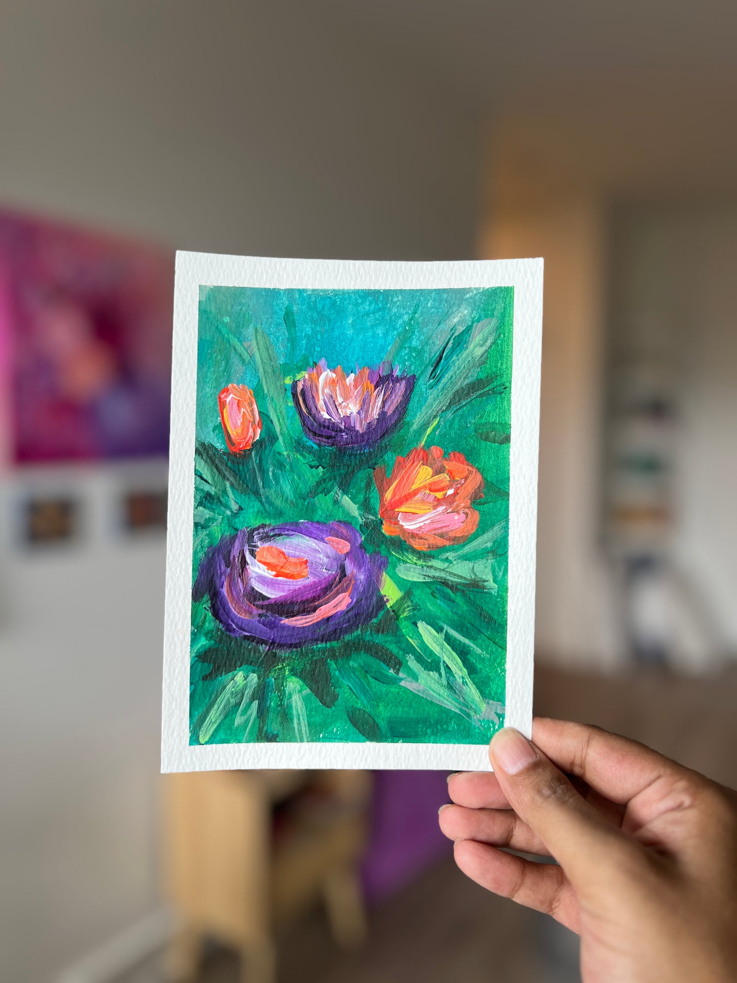 "Purple Blooms" 4/4 Original Acrylic Painting Study Paper (5" × 7") | Art by Snay