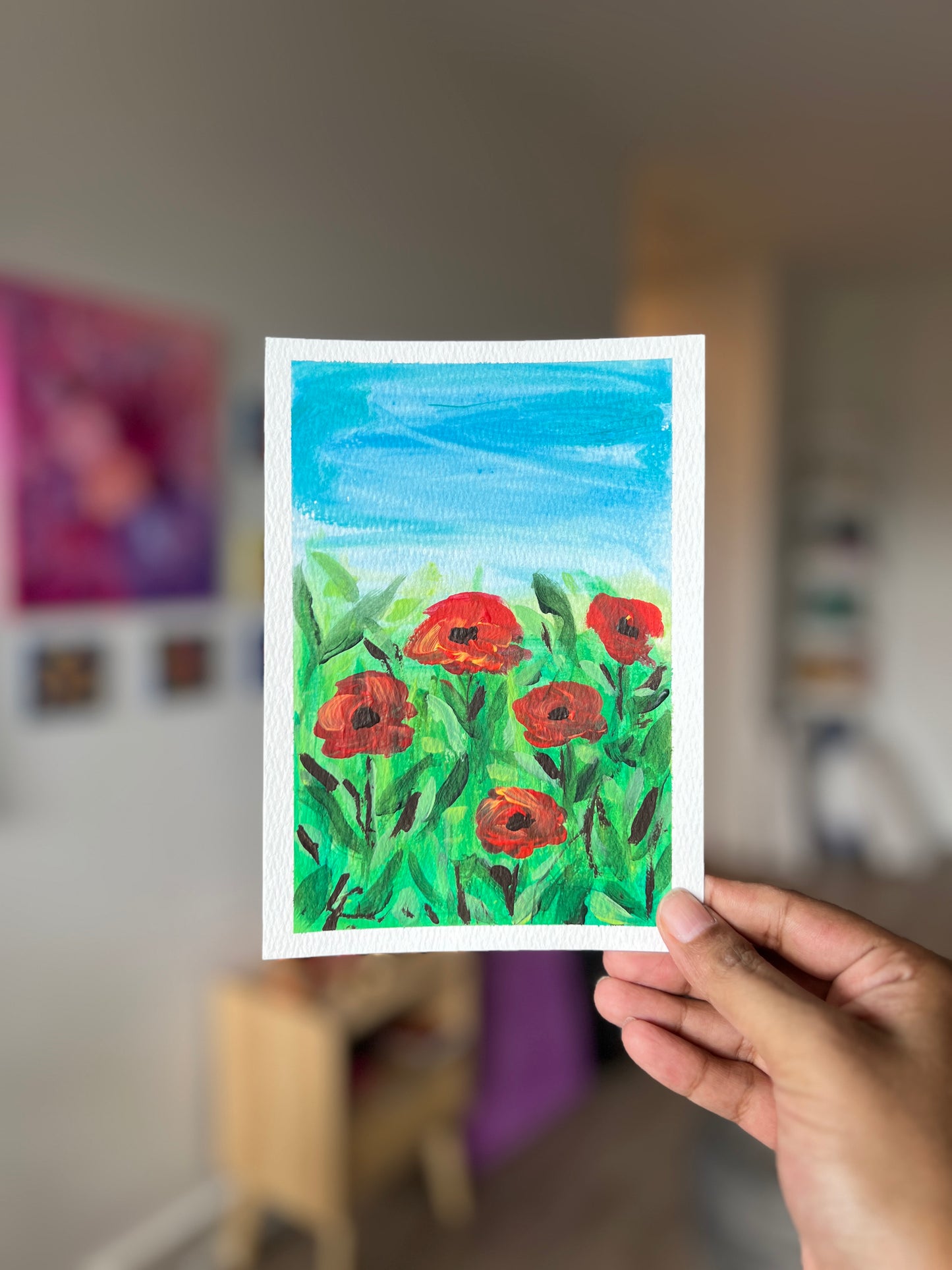 "Poppies" 1/2 Original Acrylic Painting Study on Paper (5" × 7") | Art by Snay