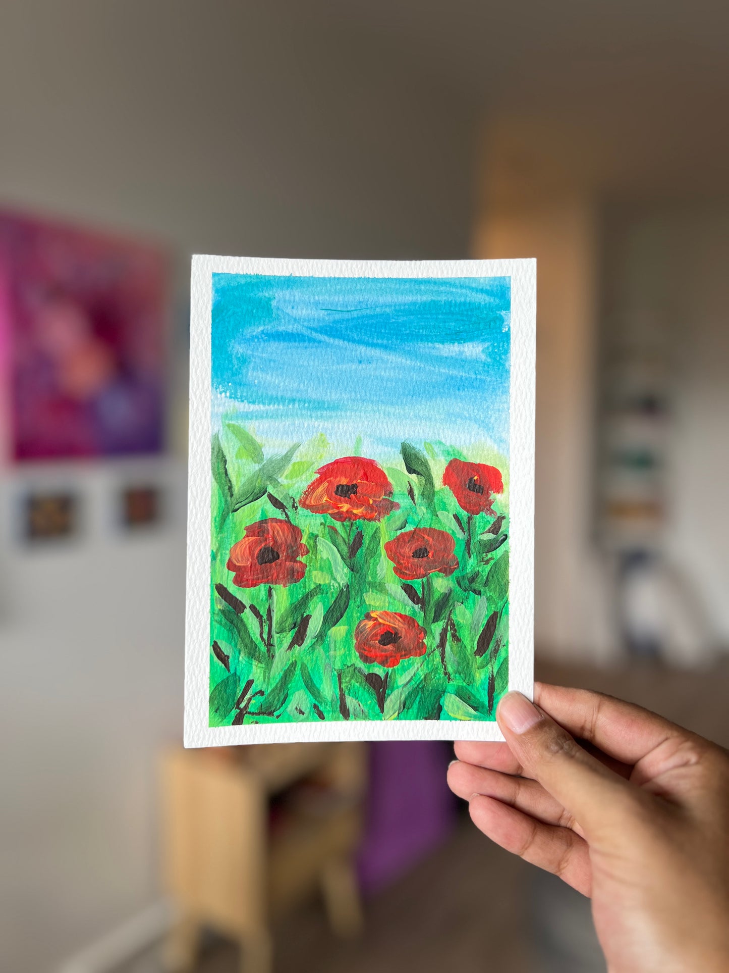 "Poppies" 1/2 Original Acrylic Painting Study on Paper (5" × 7") | Art by Snay
