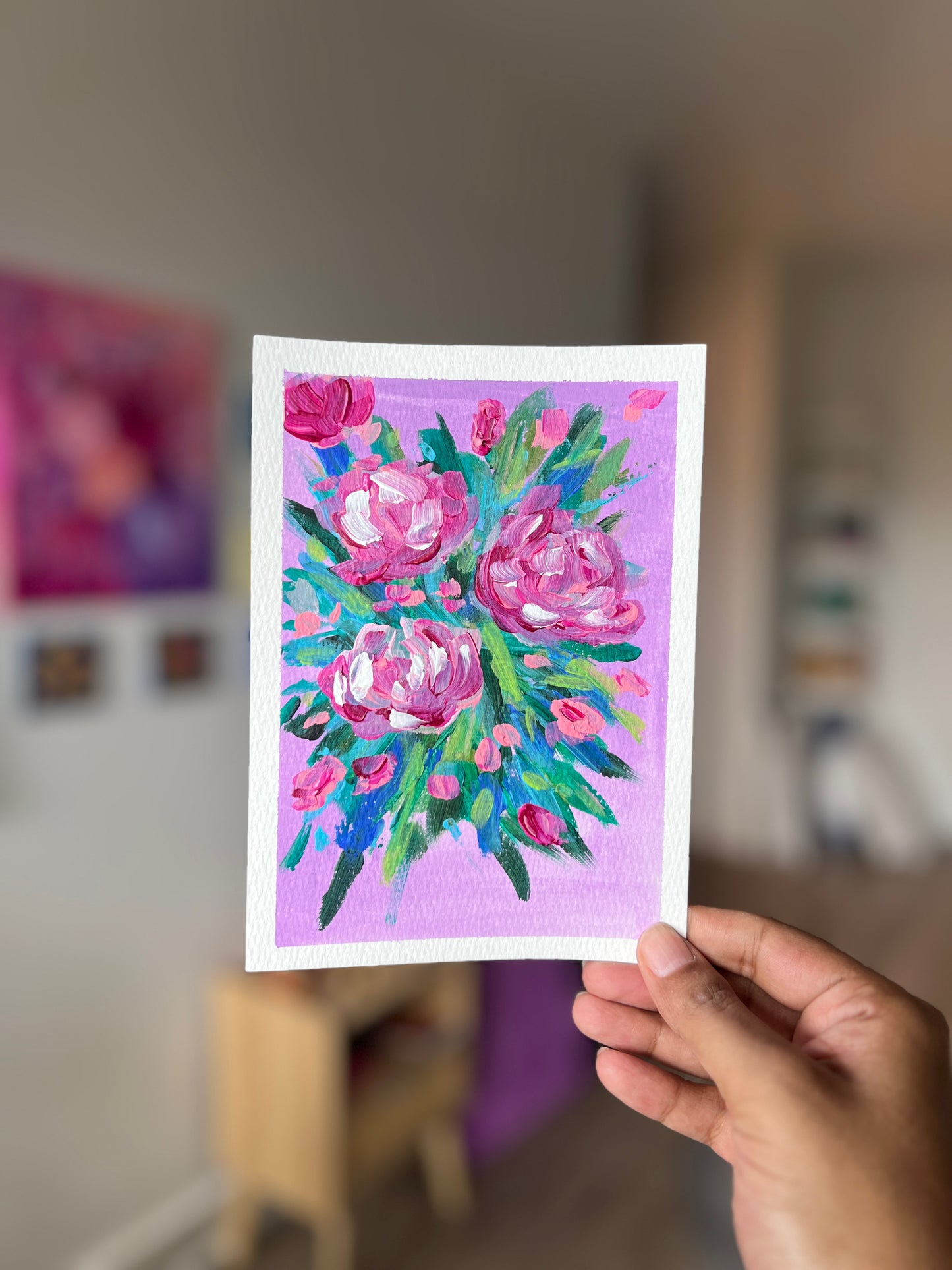 "Pink Blooms" Original Acrylic Painting Study on Paper (5" × 7") | Art by Snay