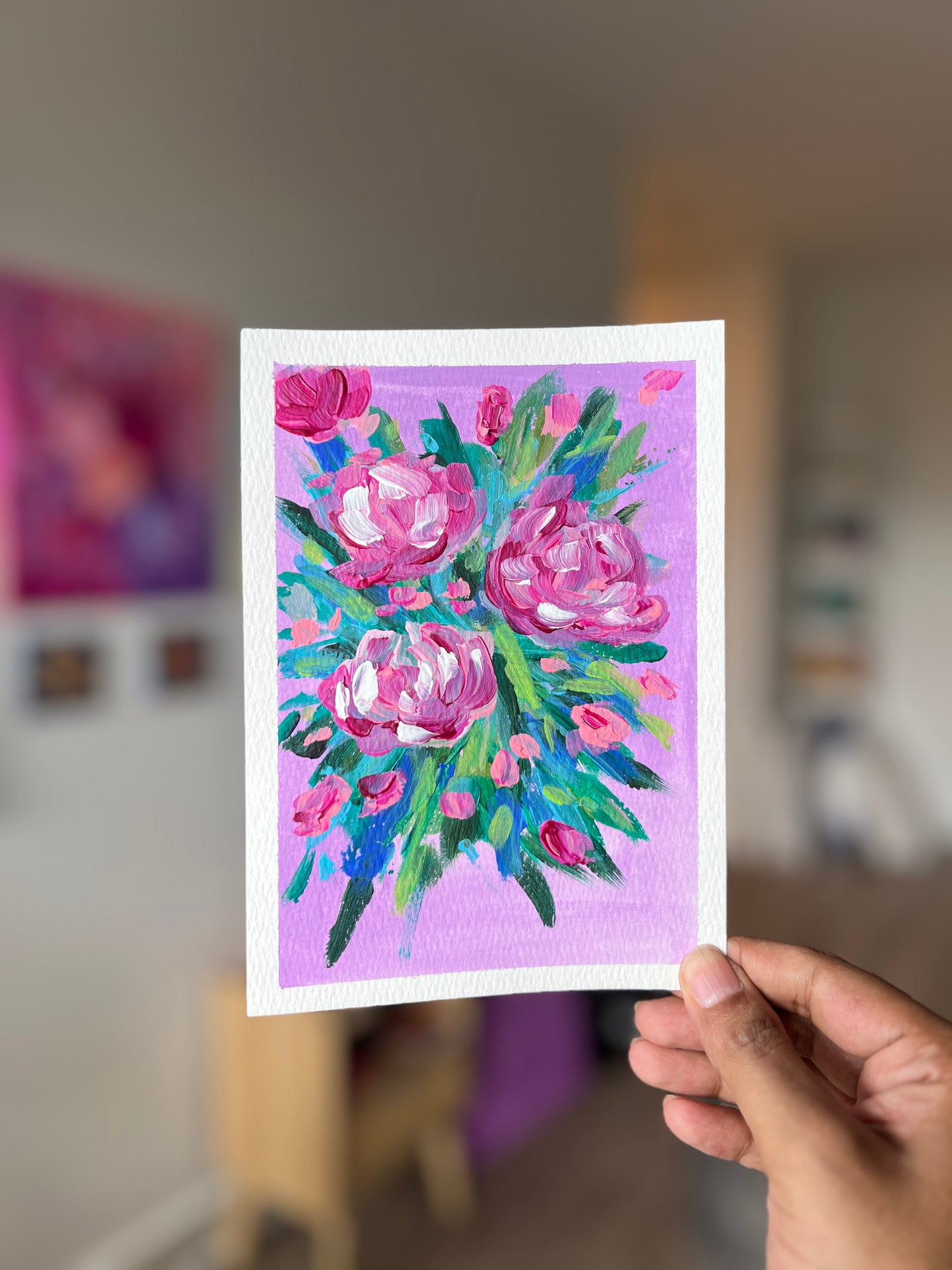 "Pink Blooms" Original Acrylic Painting Study on Paper (5" × 7") | Art by Snay