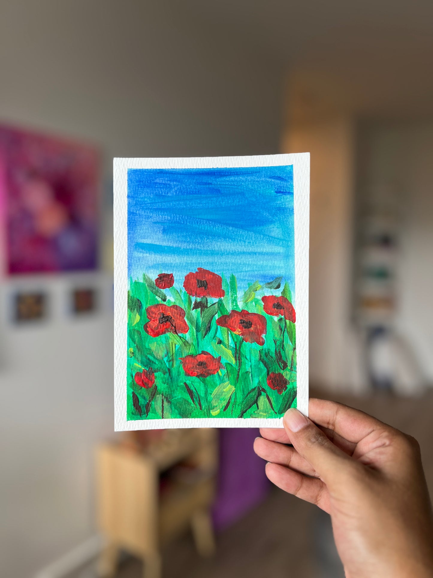 "Poppies" 2/2 Original Acrylic Painting Study on Paper (5" × 7") | Art by Snay