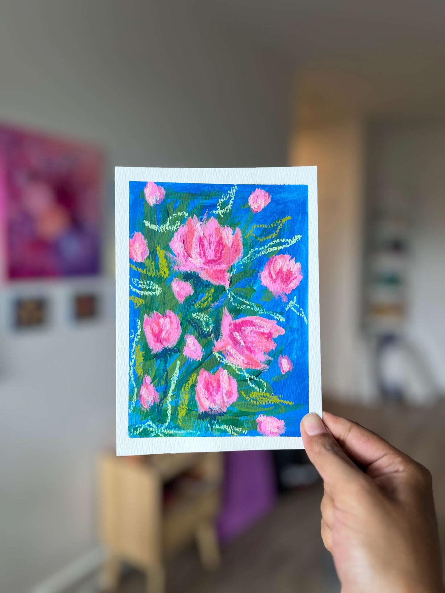 "Pink Garden" Original Acrylic Painting Study on Paper (5" × 7") | Art by Snay