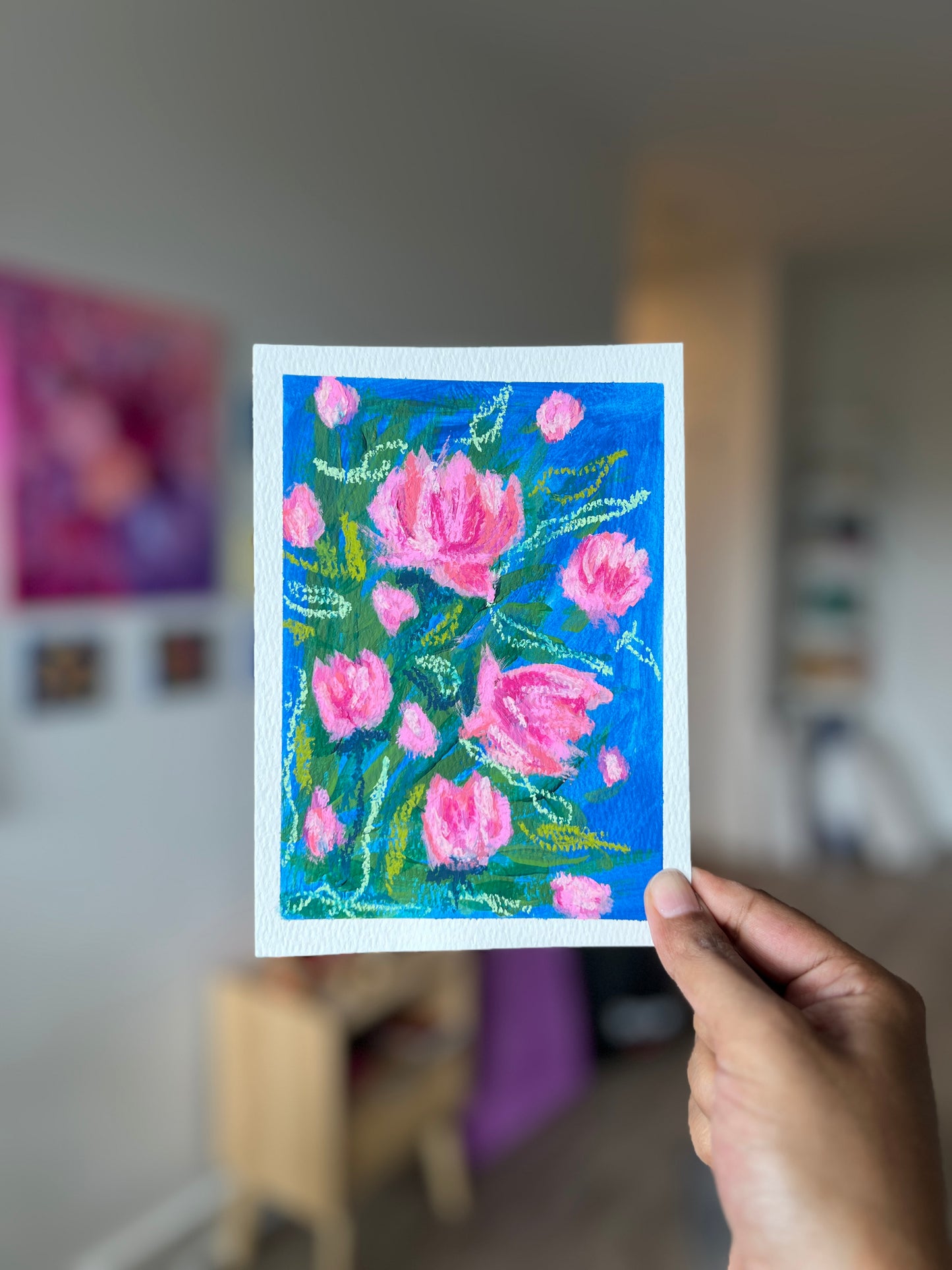 "Pink Garden" Original Acrylic Painting Study on Paper (5" × 7") | Art by Snay