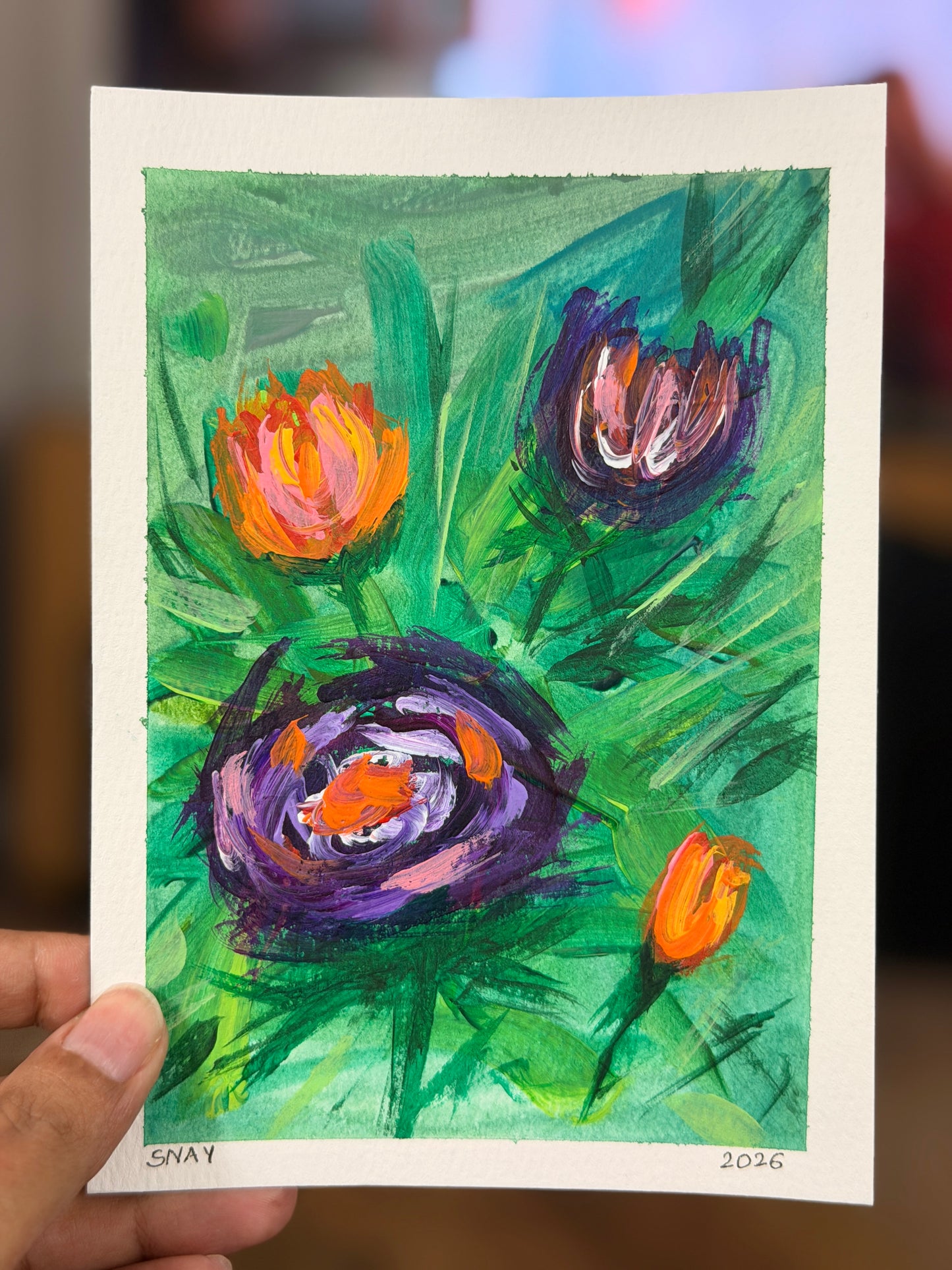 "Purple Blooms" 1/4 Original Acrylic Painting Study on Paper (5" × 7") | Art by Snay