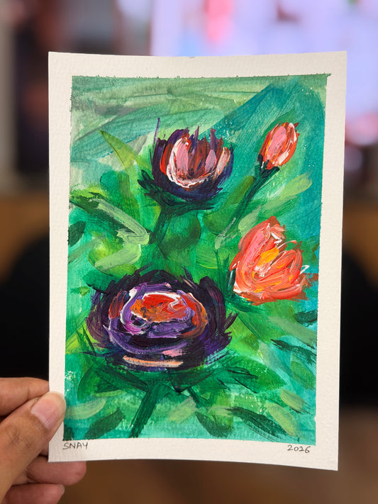 "Purple Blooms" 2/4 Original Acrylic Painting Study on Paper (5" × 7") | Art by Snay