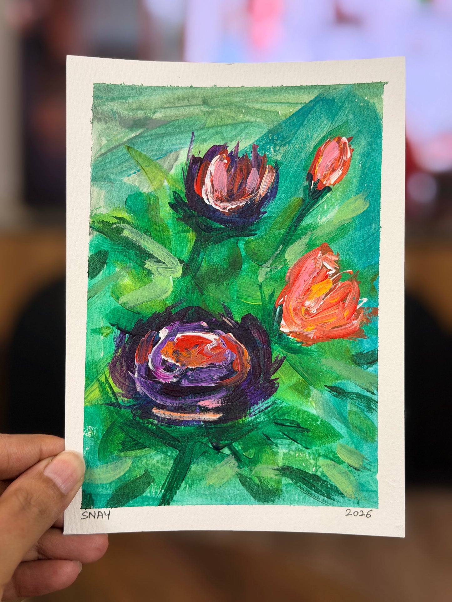 "Purple Blooms" 2/4 Original Acrylic Painting Study on Paper (5" × 7") | Art by Snay