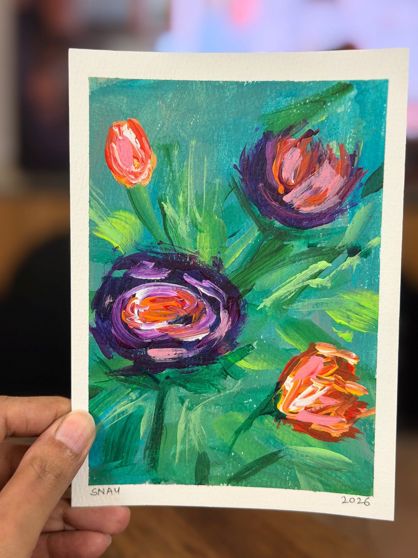 "Purple Blooms" 3/4 Original Acrylic Painting Study Paper (5" × 7") | Art by Snay