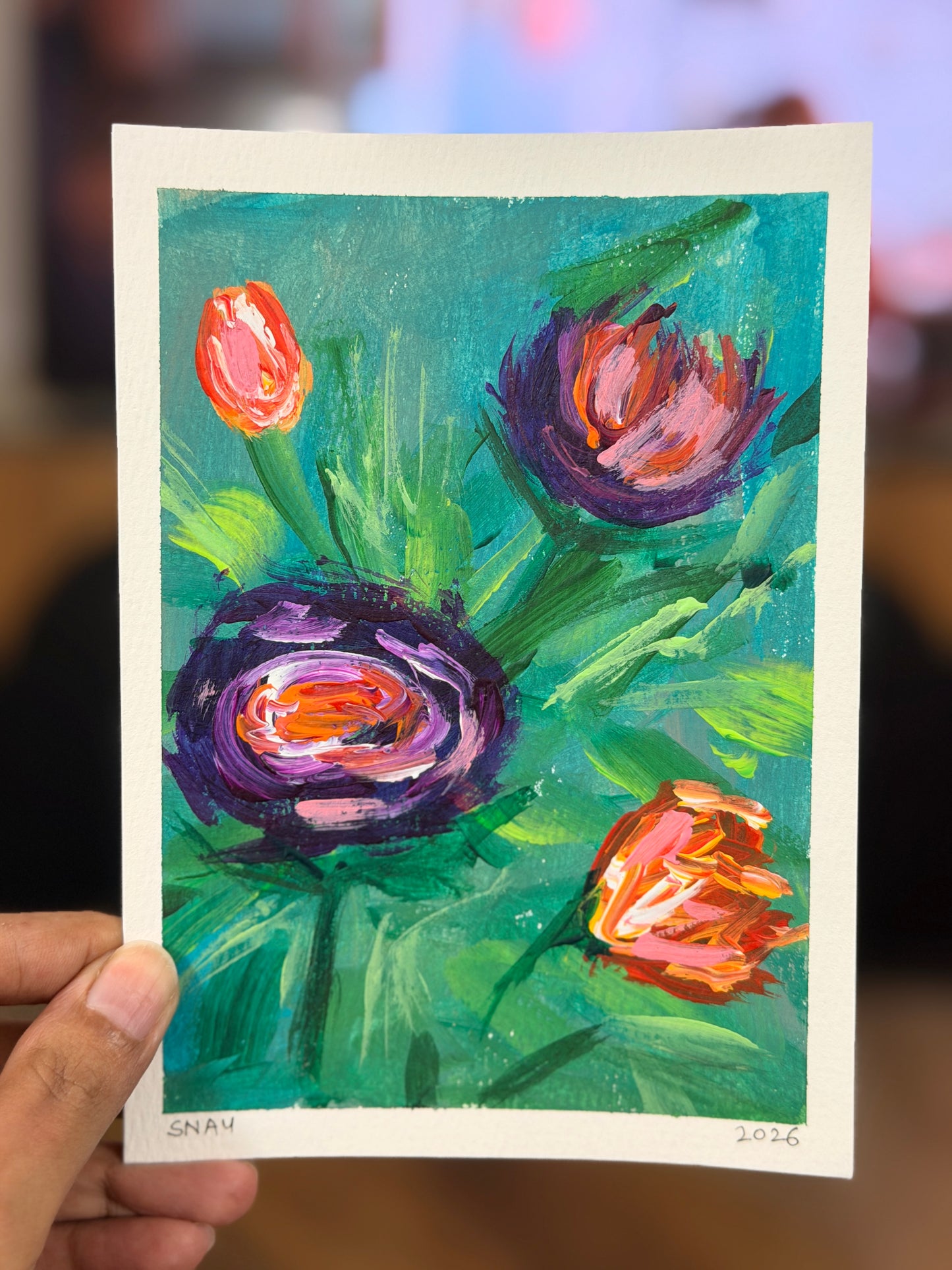 "Purple Blooms" 3/4 Original Acrylic Painting Study Paper (5" × 7") | Art by Snay