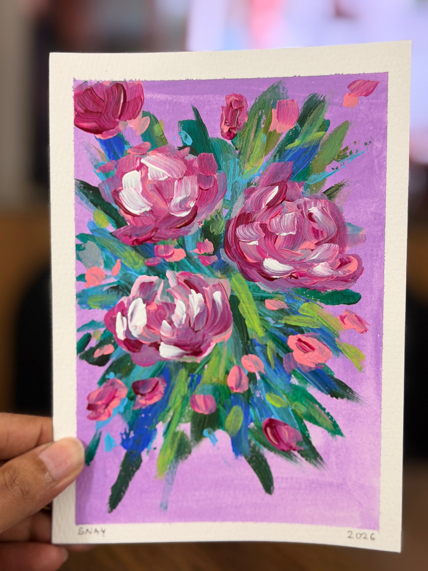 "Pink Blooms" Original Acrylic Painting Study on Paper (5" × 7") | Art by Snay