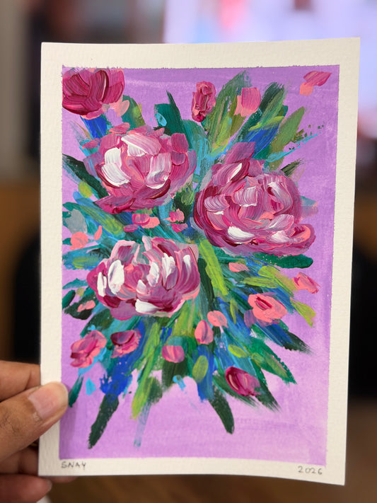 "Pink Blooms" Original Acrylic Painting Study on Paper (5" × 7") | Art by Snay