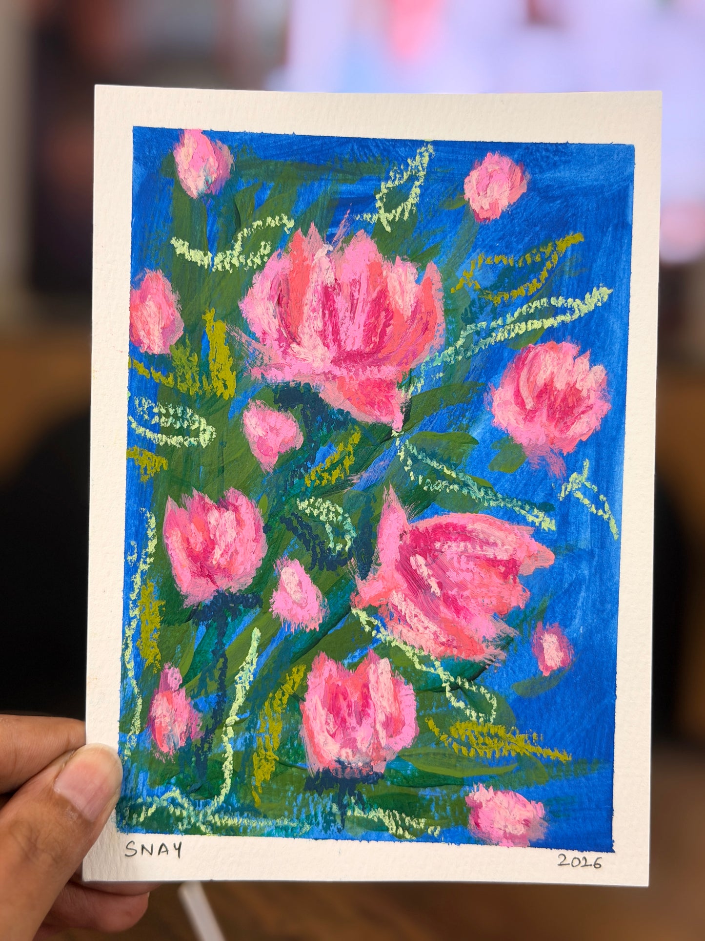 "Pink Garden" Original Acrylic Painting Study on Paper (5" × 7") | Art by Snay