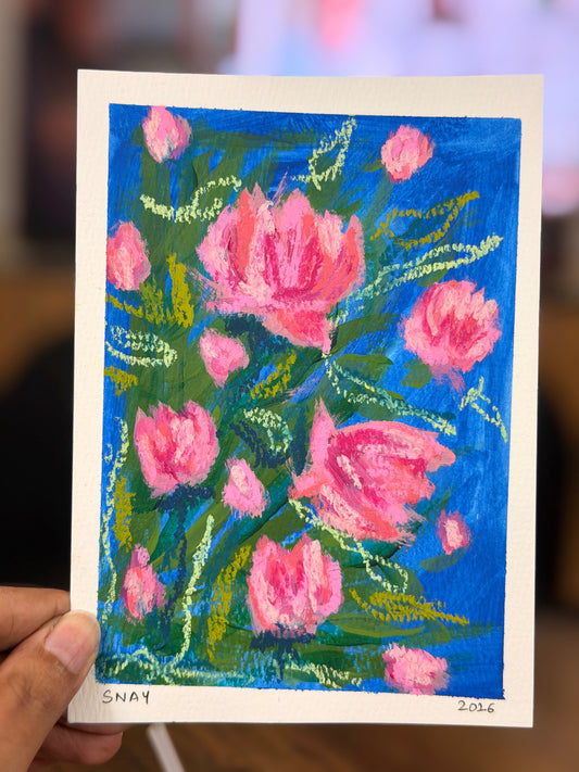 "Pink Garden" Original Acrylic Painting Study on Paper (5" × 7") | Art by Snay