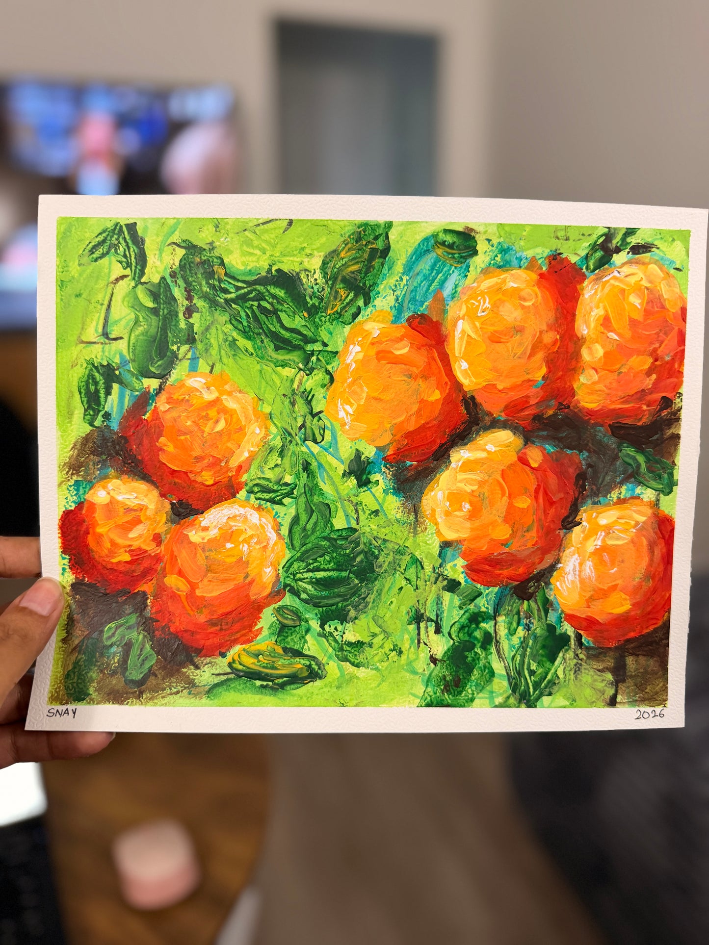 "Orange Florals" Original Acrylic Painting Study on Paper (8" × 10") | Art by Snay