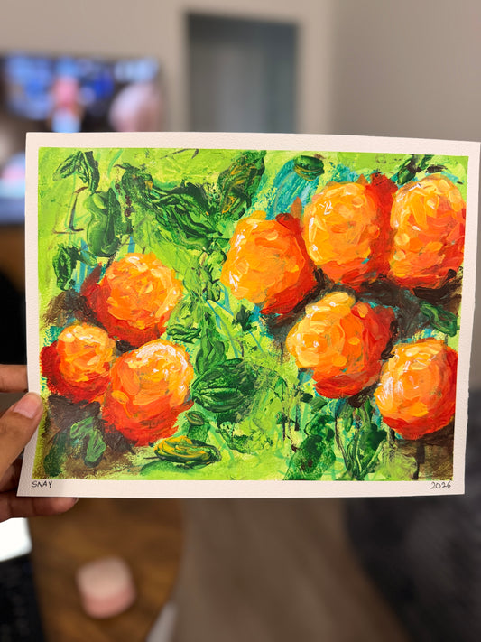 "Orange Florals" Original Acrylic Painting Study on Paper (8" × 10") | Art by Snay