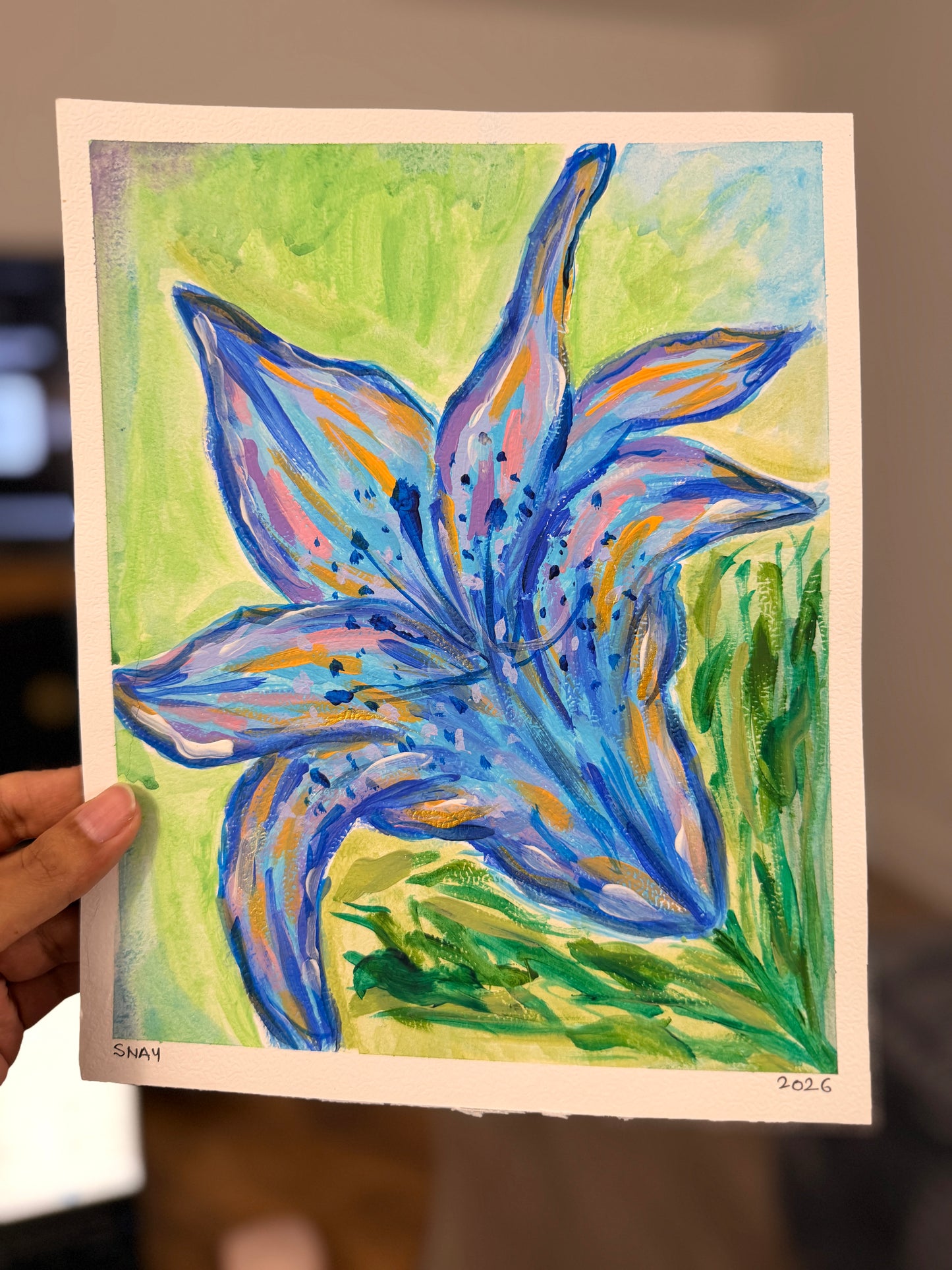 "Blue Lily" Original Acrylic Painting Study on Paper (8" × 10") | Art by Snay