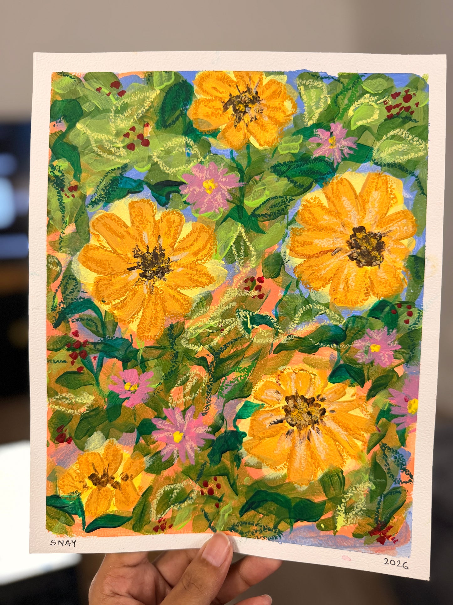 "Yellow Florals" Original Acrylic Painting Study on Paper (8" × 10") | Art by Snay