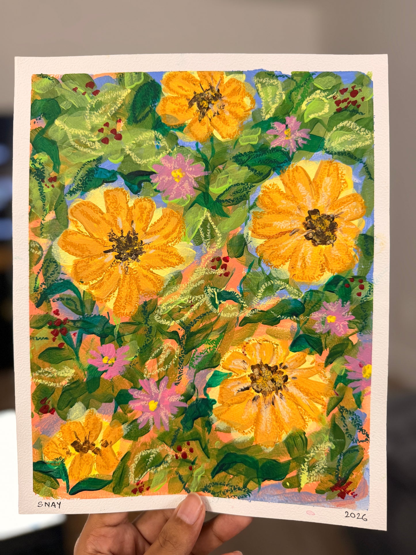 "Yellow Florals" Original Acrylic Painting Study on Paper (8" × 10") | Art by Snay