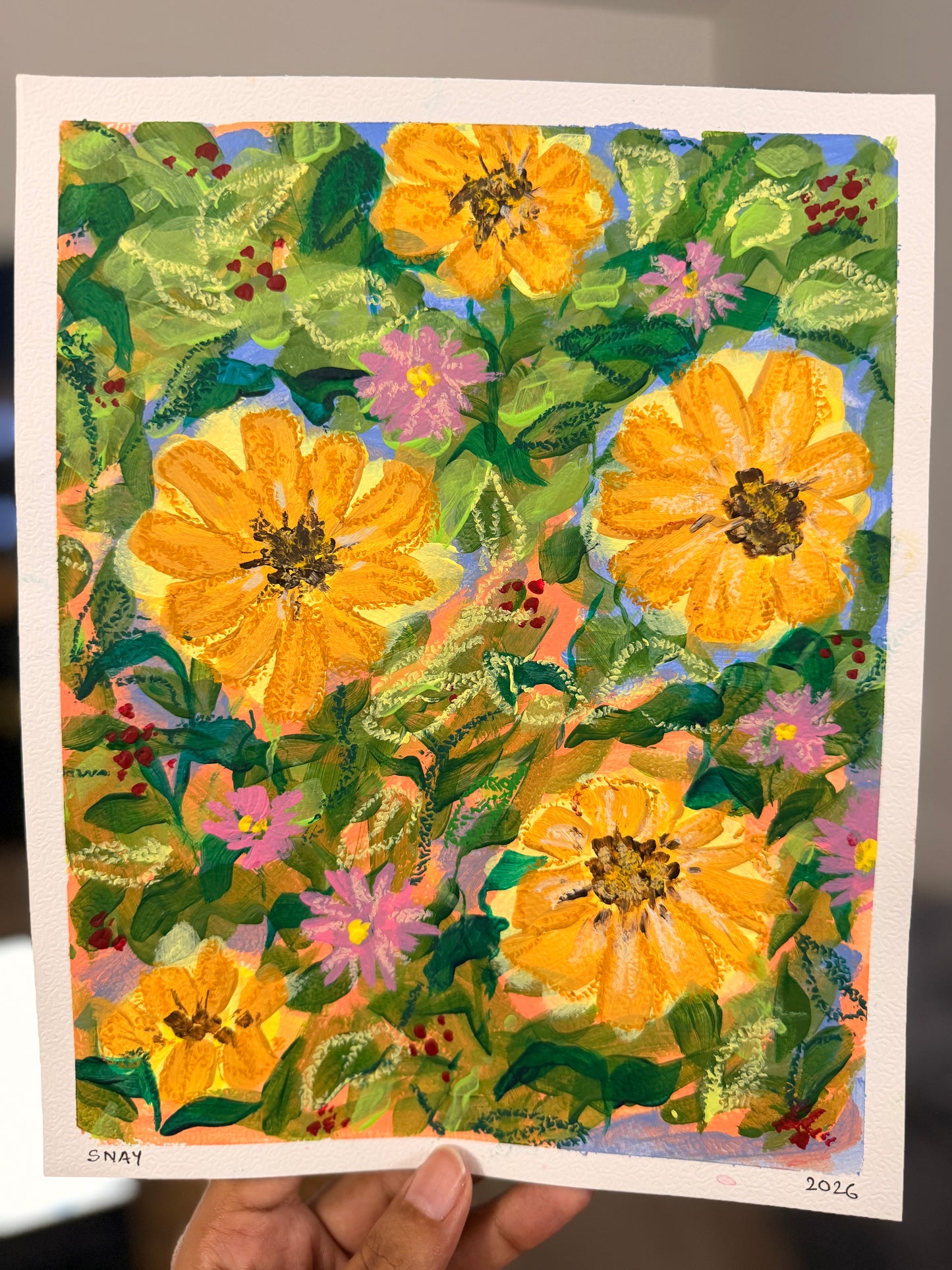 "Yellow Florals" Original Acrylic Painting Study on Paper (8" × 10") | Art by Snay