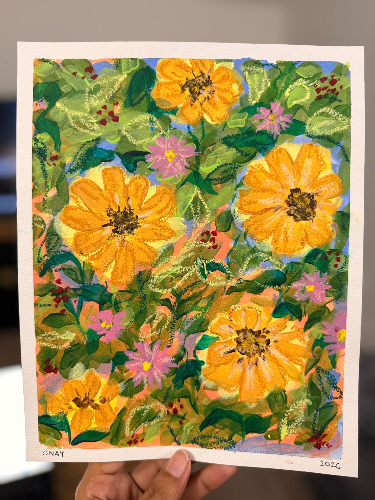 "Yellow Florals" Original Acrylic Painting Study on Paper (8" × 10") | Art by Snay