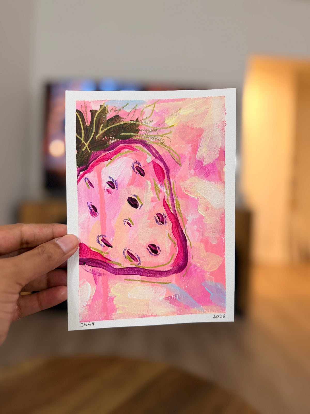 "Strawberry Fields 2" Original Acrylic Painting Study on Paper (5" × 7") | Art by Snay