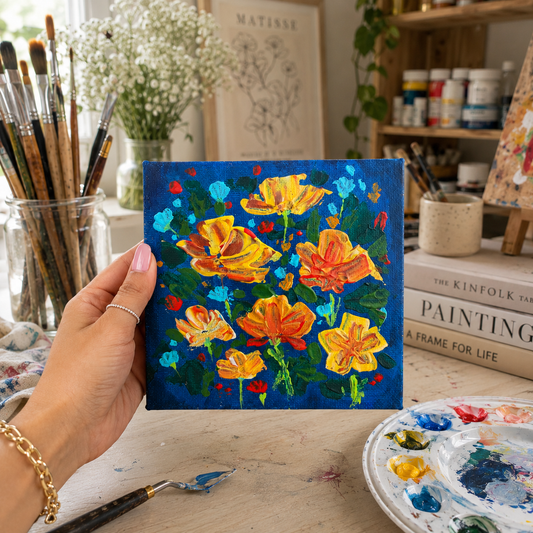 Hand holding a small painting of colorful flowers in a studio setting with art supplies.