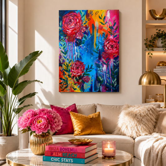 Living room with a colorful floral painting on the wall, a couch with pillows, and decorative items on a coffee table.

