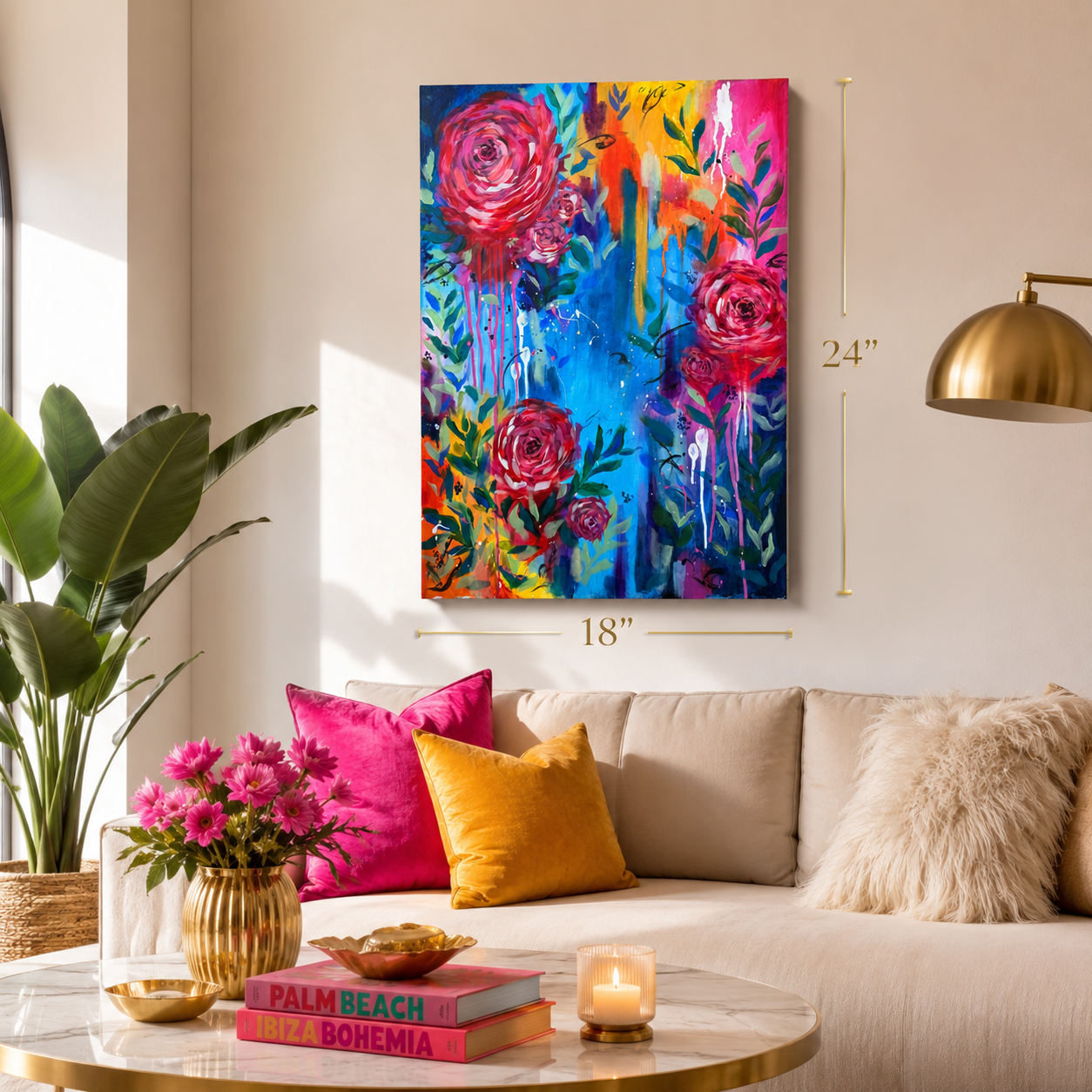 Colorful floral painting above a sofa with decorative pillows and a coffee table.