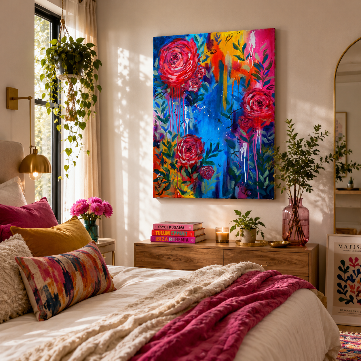 Colorful floral painting above a bed in a bedroom with decorative pillows and plants.