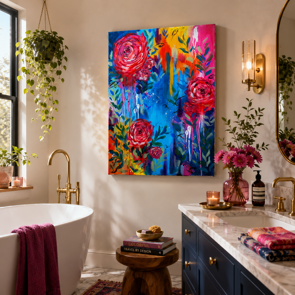Bathroom with a colorful floral painting, sink, and various decor items.