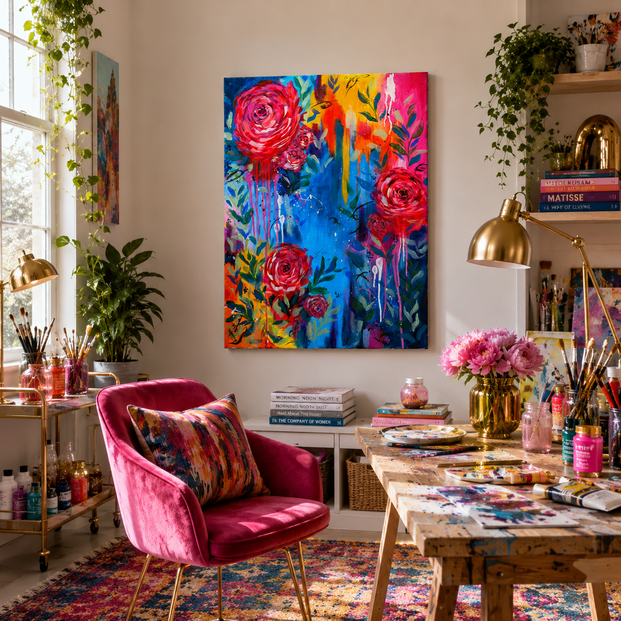 Colorful floral painting above a pink chair in a room with a wooden table and various items.