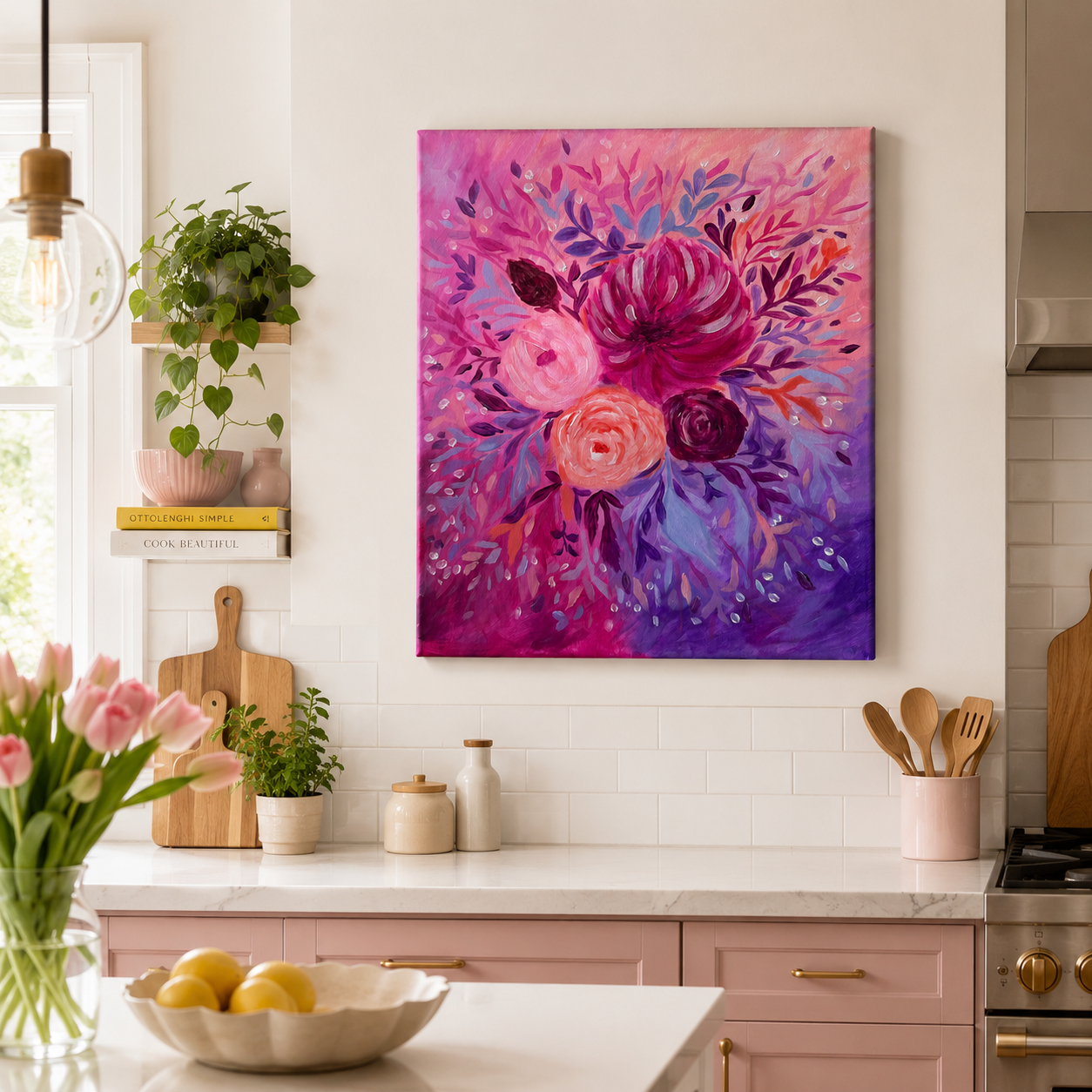 Colorful floral painting on a kitchen wall with kitchen utensils and decor.