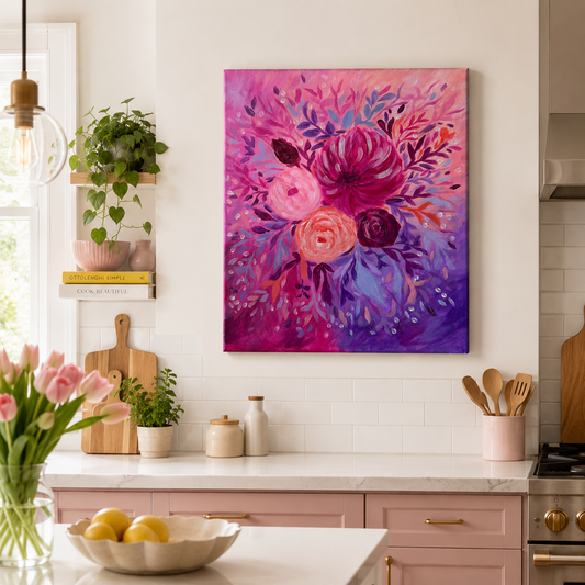 Colorful floral painting on a kitchen wall with kitchen utensils and decor.