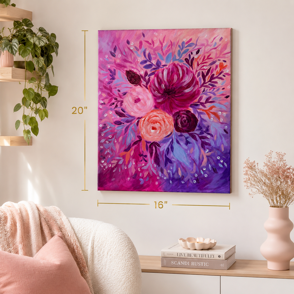 Colorful floral painting on a wall with dimensions, books, and decor items below.