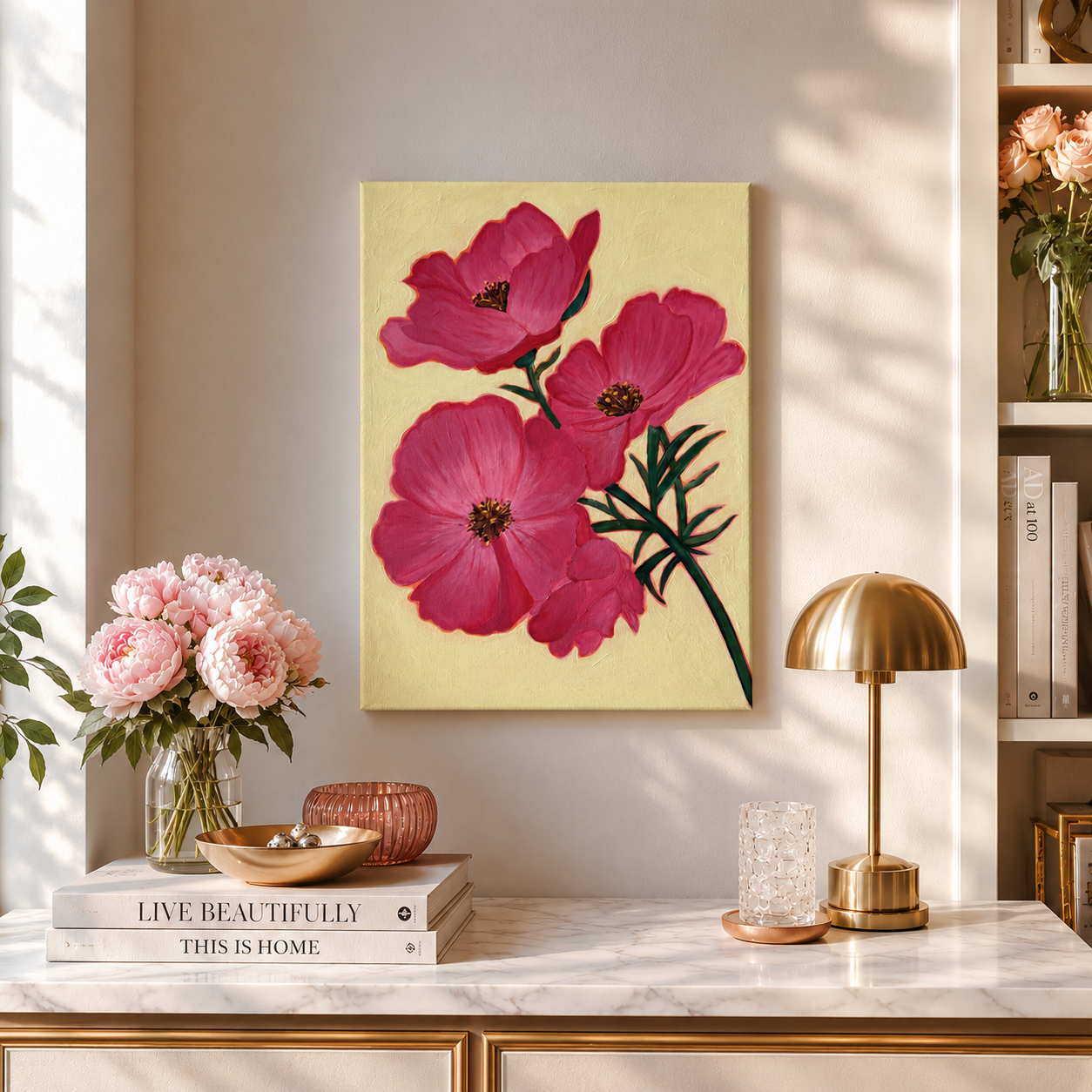 Floral painting on a wall above a marble table with decorative items.