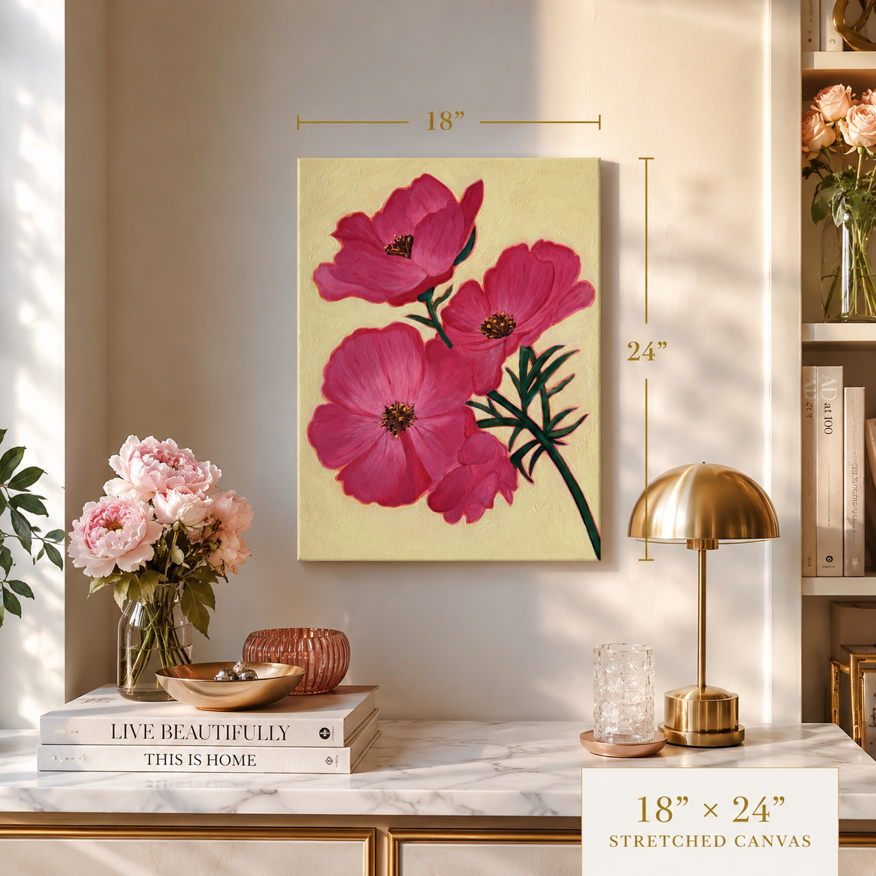Floral painting on a wall with decorative items on a table below.