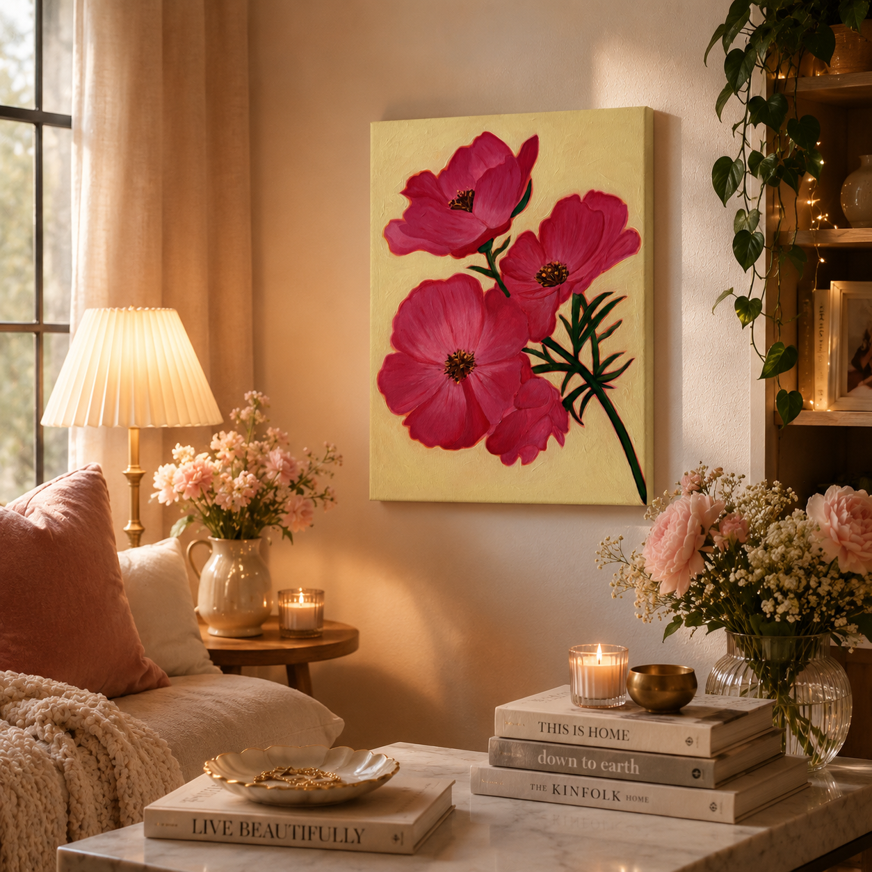 Living room with floral artwork, books, and candles on a table.