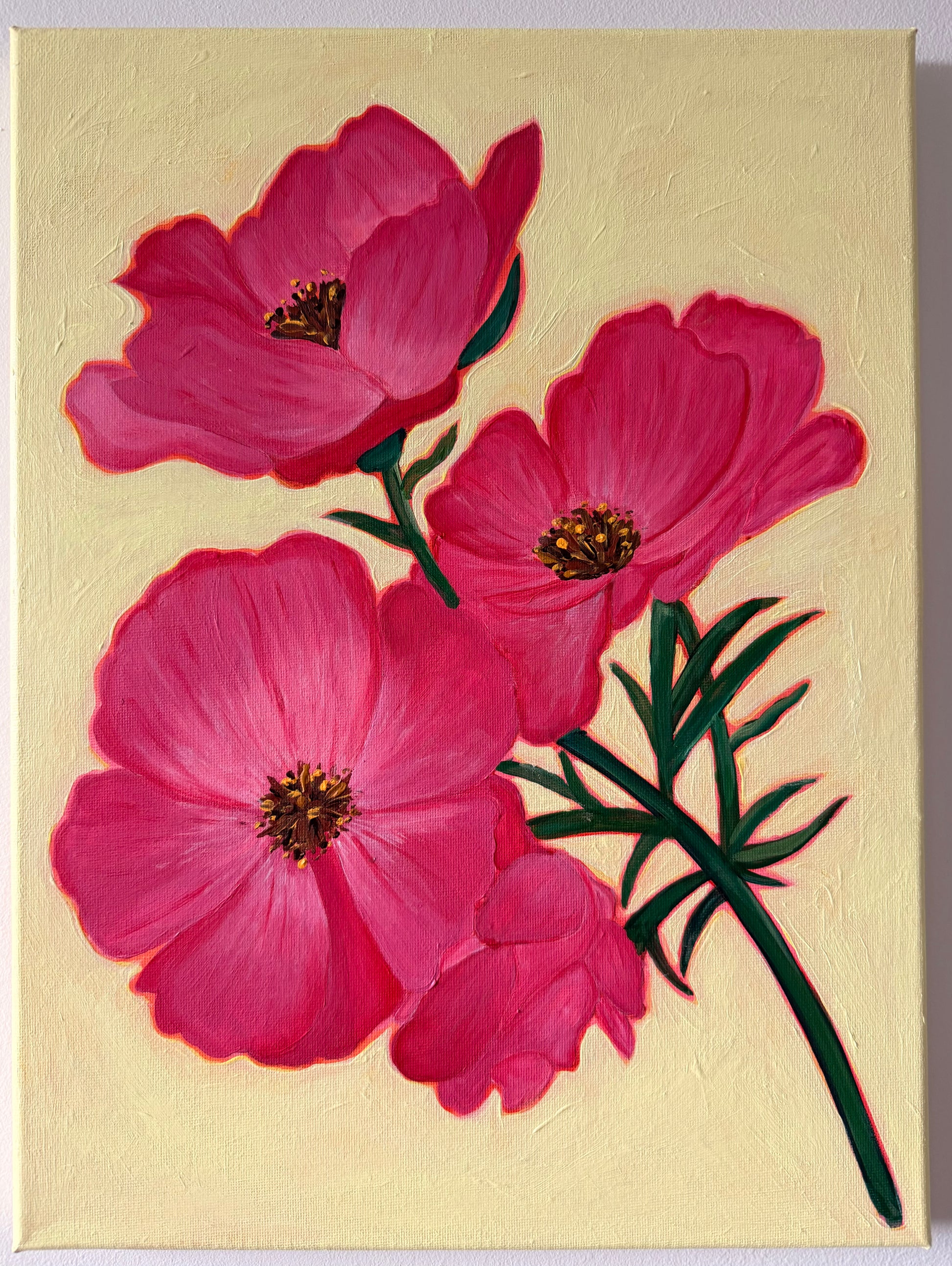 Painting of pink flowers on a beige background