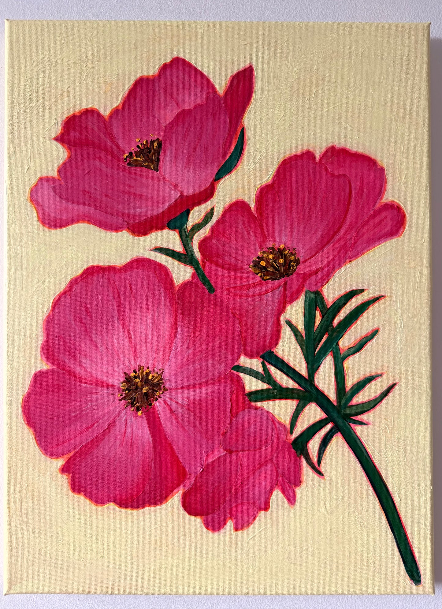 Painting of pink flowers on a beige background