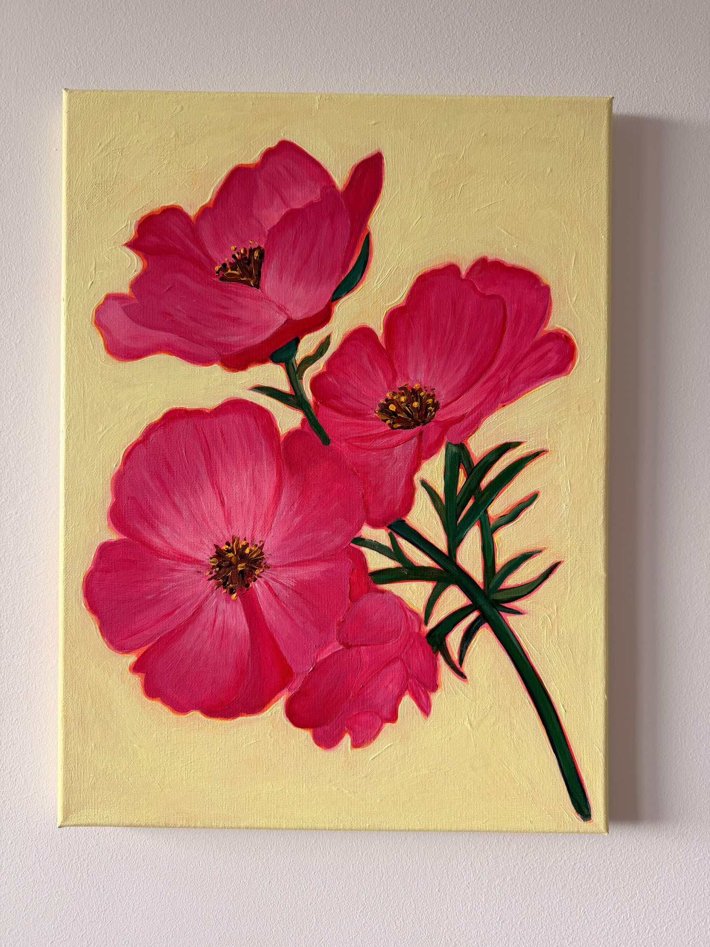 Painting of pink flowers on a beige background